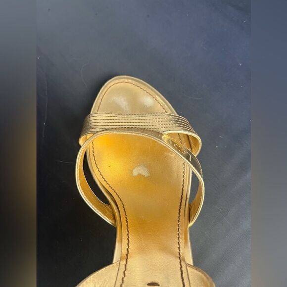 Rare Louis Vuitton Gold Slingback Sandals w/3.5” Stacked Wood Heel Size 38/US 7 - Picture 14 of 15